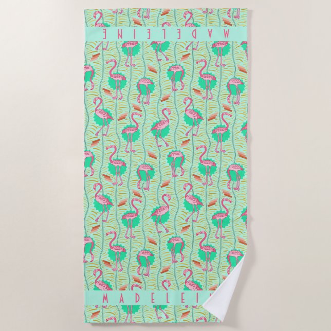 Rosa Flamingo-tropischer Kunst-Deko-Retro grüne Strandtuch (Vorderseite)
