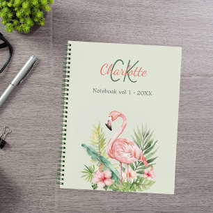 Rosa Flamingo tropisches Monogramm Salbeigrün Notizbuch