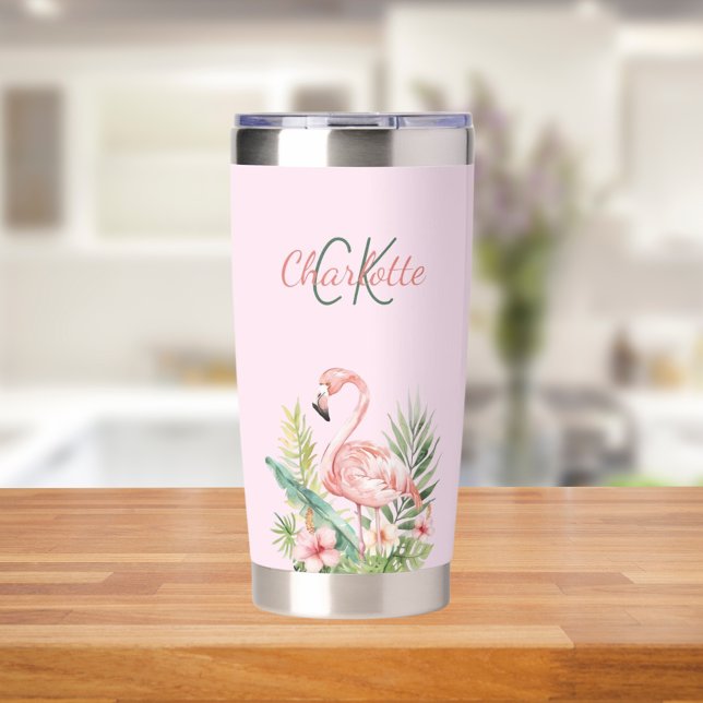 Rosa Flamingo tropisches Monogramm Thermobecher (Von Creator hochgeladen)