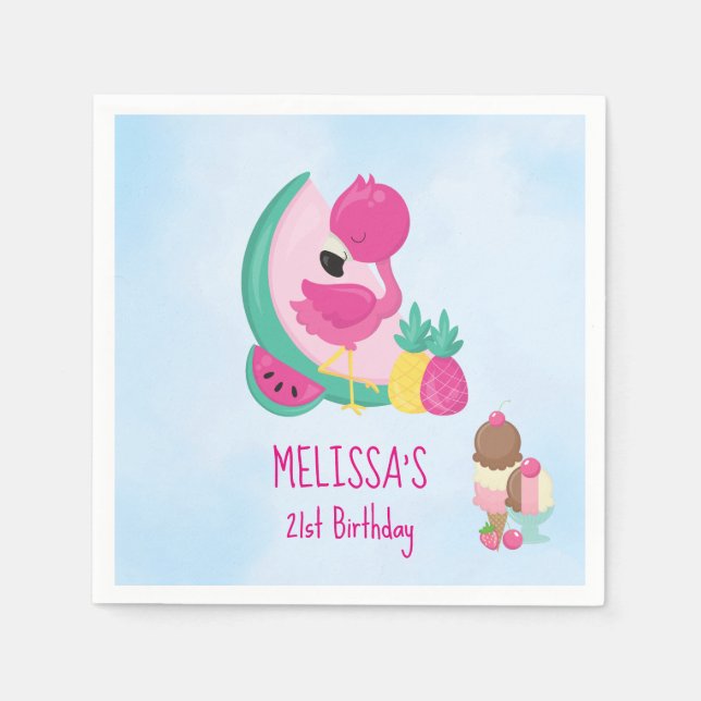 Rosa Flamingo Tropisches Obst und Eis Creme Geburt Serviette (Vorderseite)
