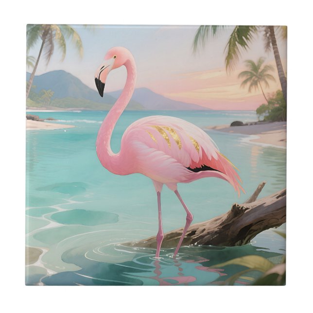 Rosa Flamingo Tropisches Paradies Fliese (Vorderseite)