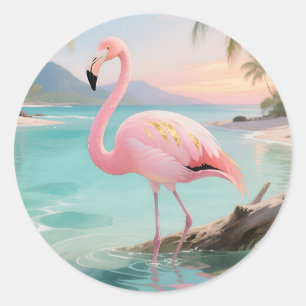 Rosa Flamingo Tropisches Paradies Runder Aufkleber