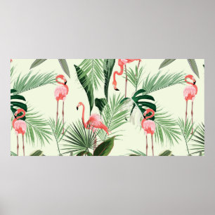 Rosa Flamingo und exotische Blume, Blätter aus Pal Poster