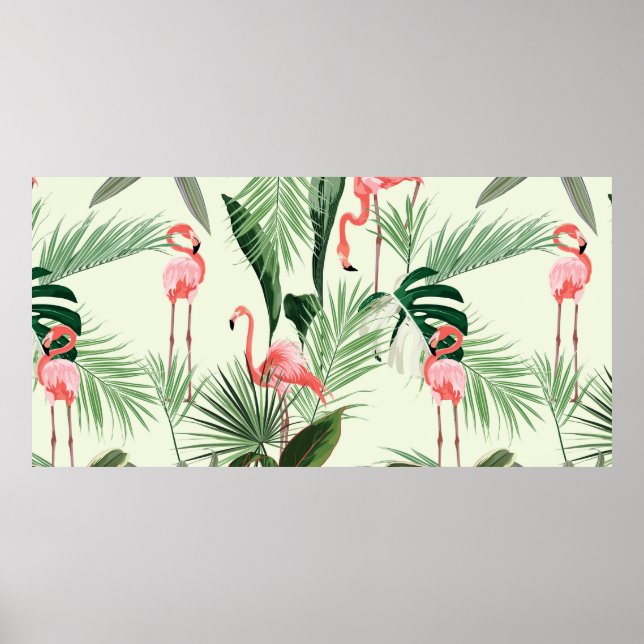 Rosa Flamingo und exotische Blume, Blätter aus Pal Poster (Vorne)