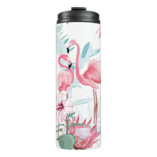 Rosa Flamingo und exotische Blume, Blätter aus Pal Thermosbecher