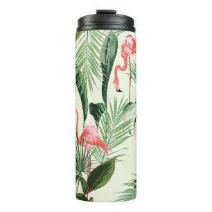 Rosa Flamingo und exotische Blume, Blätter aus Pal Thermosbecher