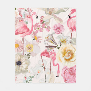 Rosa Flamingo und exotische rosa weiße Blumen. Fleecedecke