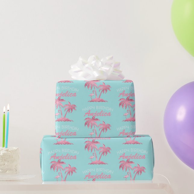 Rosa Flamingo und Palmen Bäume auf Aquamarinen Geschenkpapier (Partygeschenke)