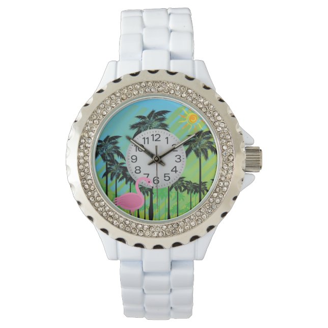 Rosa Flamingo und Palmen Kristall beobachten Armbanduhr (Vorderseite)