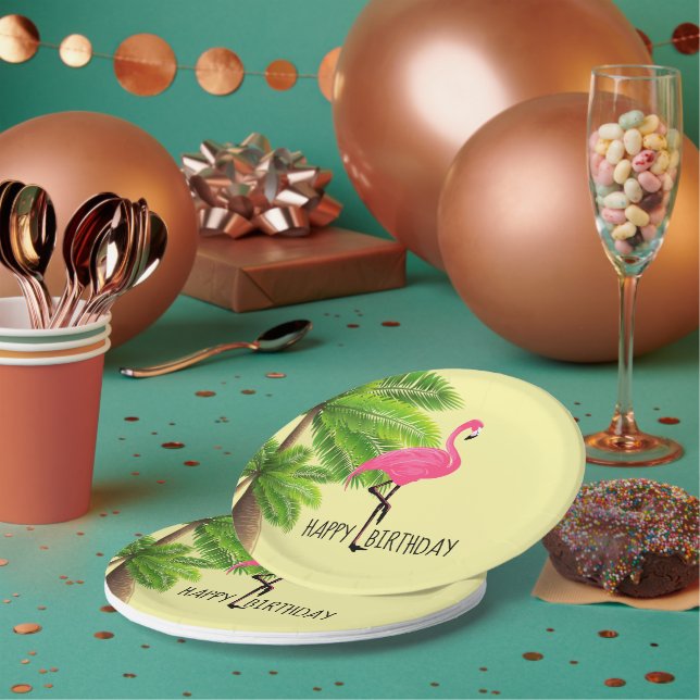 Rosa Flamingo- und Palmenblätterplatte Pappteller (Multi)