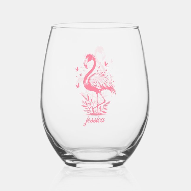 Rosa Flamingo und Schmetterlinge Weinglas Ohne Stiel (Vorderseite)