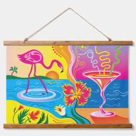 Rosa Flamingo und Sommercocktail Wandteppich Mit Holzrahmen