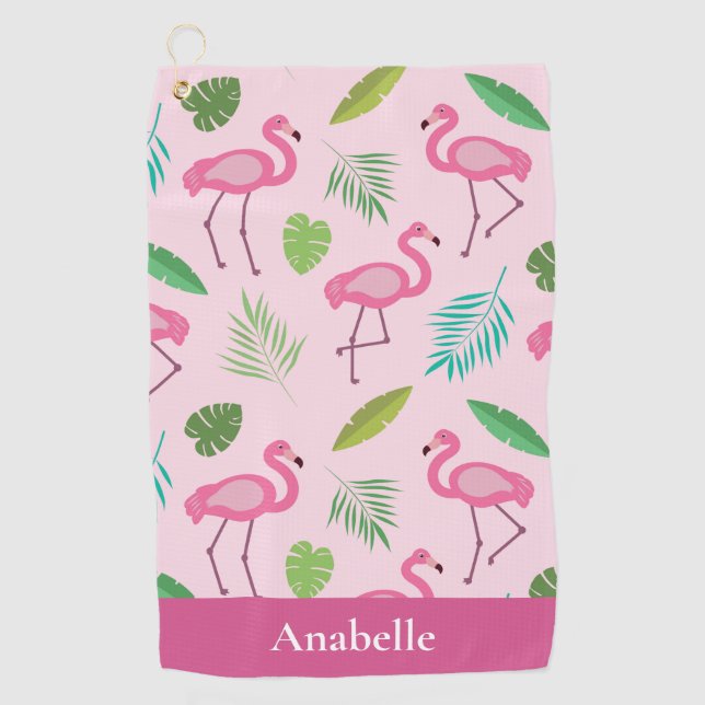 Rosa Flamingo und tropische Blätter personalisiert Golfhandtuch (Vorderseite)