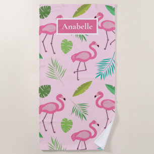 Rosa Flamingo und tropische Blätter personalisiert Strandtuch