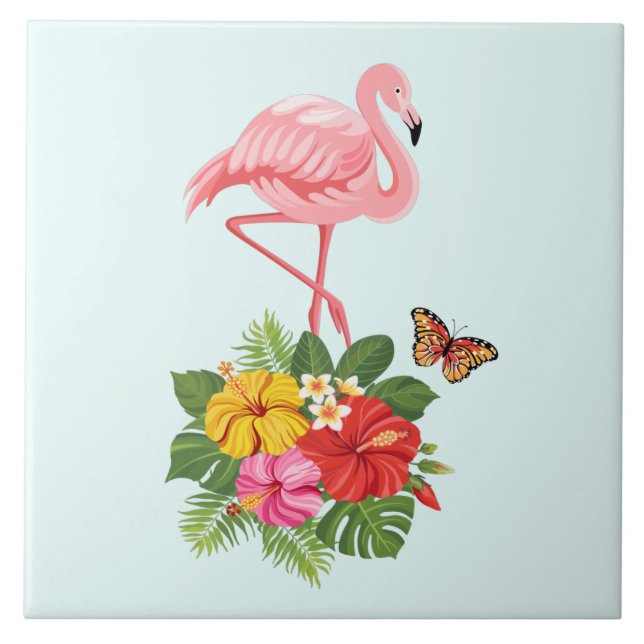 Rosa Flamingo und tropischer Hibiskus Extravagant Fliese (Vorderseite)