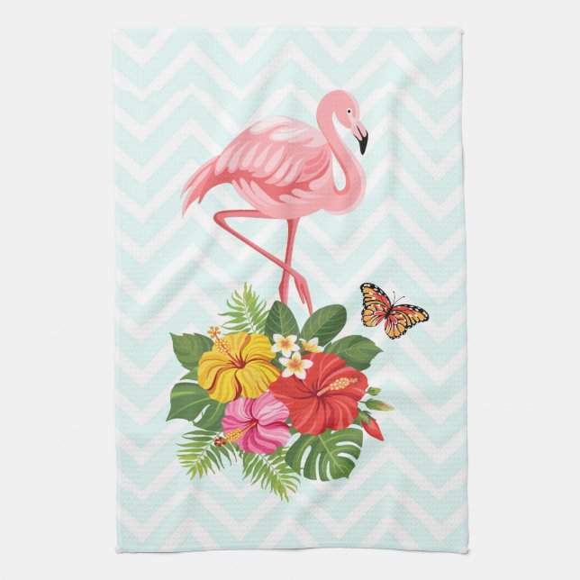 Rosa Flamingo und tropischer Hibiskus Extravagant Geschirrtuch (Vertikal)