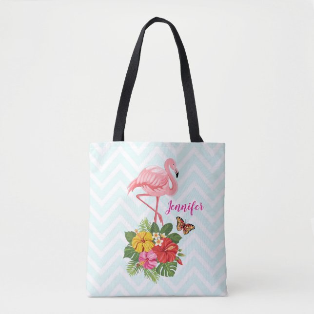 Rosa Flamingo und tropischer Hibiskus Extravagant Tasche (Vorderseite)