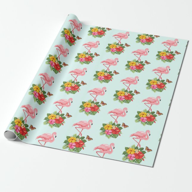 Rosa Flamingo und tropischer Hibiskus Extravagante Geschenkpapier (Ungerollt)