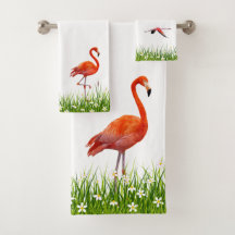 Rosa Flamingo und Wiese mit Blumen auf weißem Bade