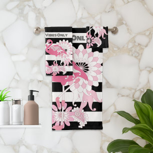 Rosa Flamingo-Vibes Only Schwarz-Weiß-Gestreift Badhandtuch Set