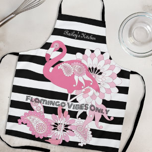 Rosa Flamingo-Vibes Only Schwarz-Weiß-Gestreift Schürze