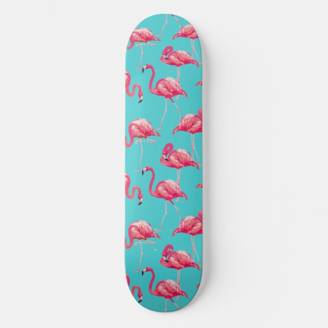 Rosa Flamingo-Vögel auf türkisfarbenem Hintergrund Skateboard (Vorderseite)