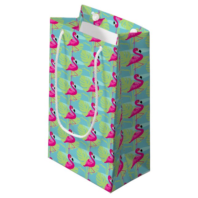 Rosa Flamingo-Wasser und Geschenktüten aus Palmblä Kleine Geschenktüte (Vorderseite Schrägansicht)