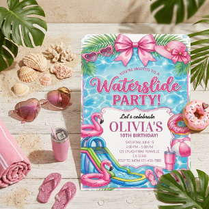 Rosa Flamingo-Wasserrutsche Poolparty-Geburtstags Einladung