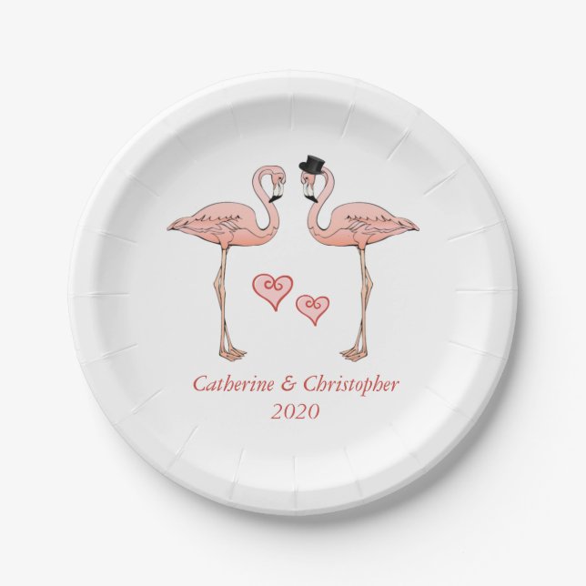 Rosa Flamingo Wedding Bride Groom Herz Liebe Pappteller (Vorderseite)