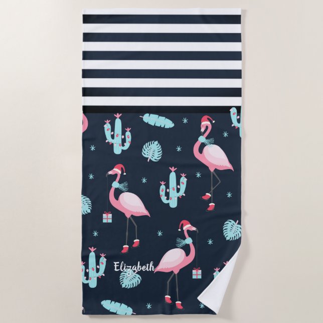 Rosa Flamingo Weihnachtsmannmütze Navy Blau Streif Strandtuch (Vorderseite)