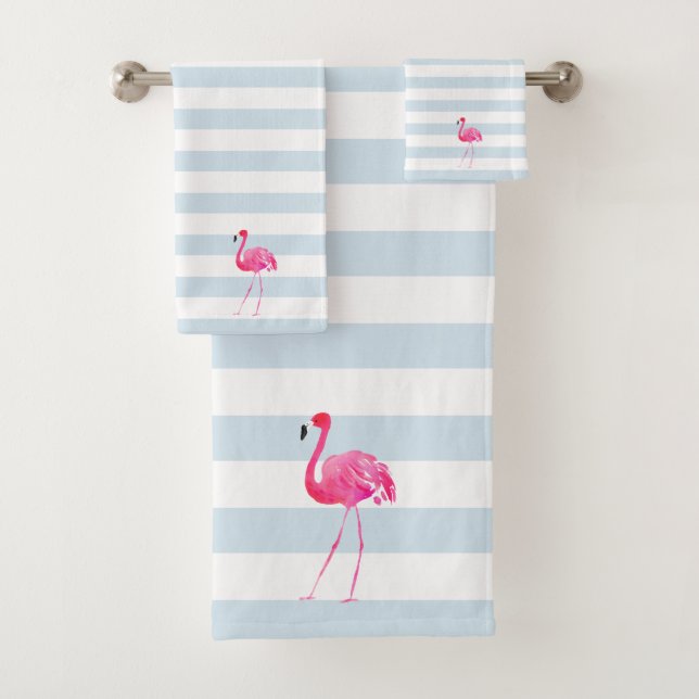 Rosa Flamingo Weiße und blaue Streifen Badhandtuch Set (Insitu)