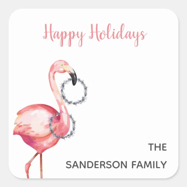 Rosa Flamingo Wreathes l Happy Holidays Quadratischer Aufkleber (Vorderseite)