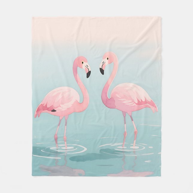 Rosa Flamingopaar Aquarell Serenität Fleecedecke (Vorderseite)