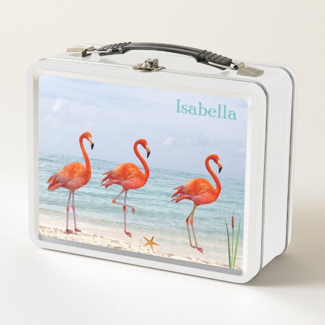 Rosa Flamingos am Strand Metall Brotdose (Vorderseite)
