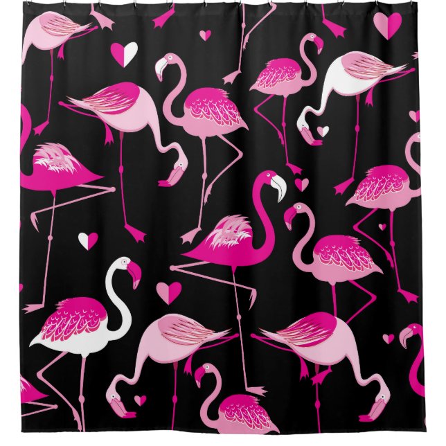 Rosa Flamingos, dunkles, nahtloses Muster. Duschvorhang (Vorderseite)