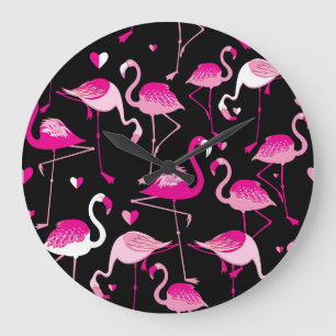 Rosa Flamingos, dunkles, nahtloses Muster. Große Wanduhr