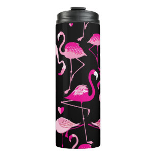 Rosa Flamingos, dunkles, nahtloses Muster. Thermosbecher