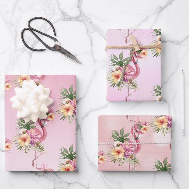 Rosa Flamingos Exotische Blume Geschenkpapier Set (Vorderseite)