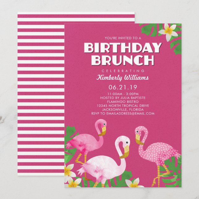 Rosa Flamingos Geburtstag Brunch Fuchsie Einladung (Vorne/Hinten)