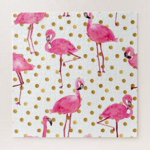 Rosa Flamingos, goldene Punkte, Aquarell.