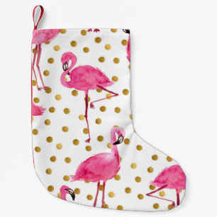 Rosa Flamingos, goldene Punkte, Aquarell. Kleiner Weihnachtsstrumpf