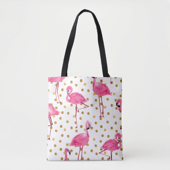 Rosa Flamingos, goldene Punkte, Aquarell. Tasche (Vorderseite)