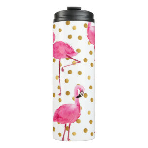 Rosa Flamingos, goldene Punkte, Aquarell. Thermosbecher