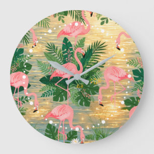Rosa Flamingos Goldener Sonnenuntergang Lagune Tro Große Wanduhr