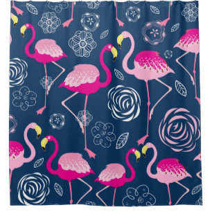 Rosa Flamingos: Grafisches dunkles Muster Duschvorhang