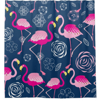 Rosa Flamingos: Grafisches dunkles Muster Duschvorhang