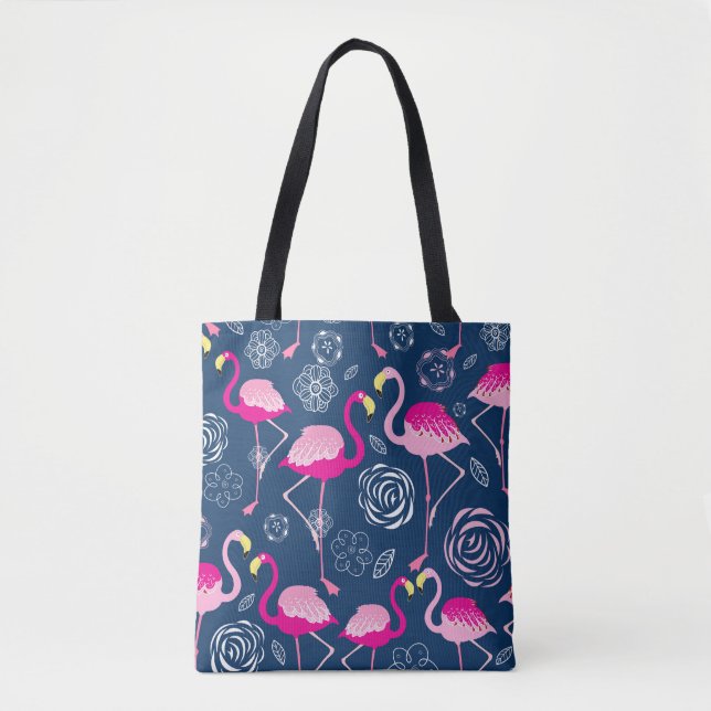 Rosa Flamingos: Grafisches dunkles Muster Tasche (Vorderseite)