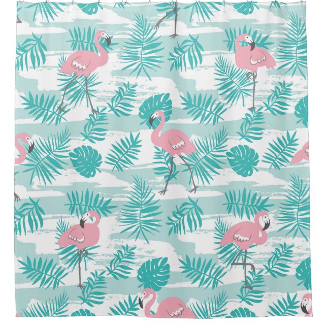 Rosa Flamingos, grüne Blätter aus Palmen, tropisch Duschvorhang (Vorderseite)