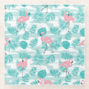 Rosa Flamingos, grüne Blätter aus Palmen, tropisch Glasuntersetzer