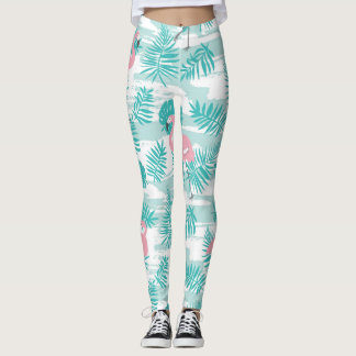 Rosa Flamingos, grüne Blätter aus Palmen, tropisch Leggings